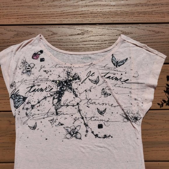 Express Pastel Pink Graphic Tee Shirt Rhinestones Top Preppy Floral Butterfly XS - Picture 4 of 5